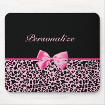 Trendy Pink And Black Leopard Hot Pink Ribbon Mousepads