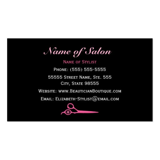 Trendy Pink and Black Zebra Hair Salon Scissors Business Card Template (back side)