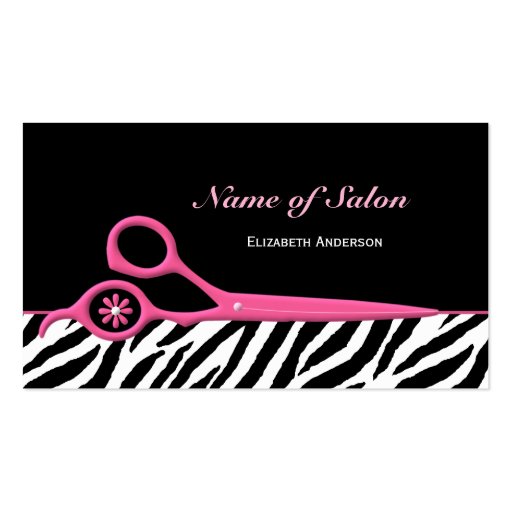Trendy Pink and Black Zebra Hair Salon Scissors Business Card Template (front side)
