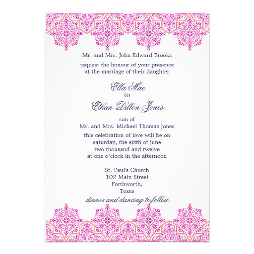 Trendy Pink and Orange Damask Wedding invitations