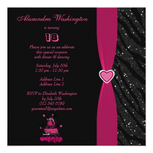 Trendy Pink Cake & Zebra Stripes 18th Birthday Invites