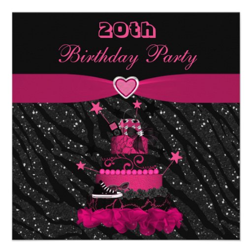 Trendy Pink Cake & Zebra Stripes 20th Birthday Custom Invitations