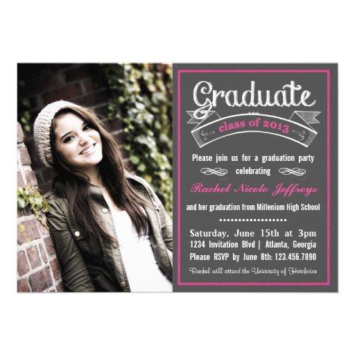 Trendy Pink Chalkboard Typography Graduation Custom Announcements (front side)