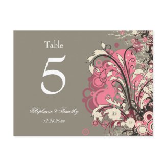 Trendy pink grey grunge swirl wedding table number postcard