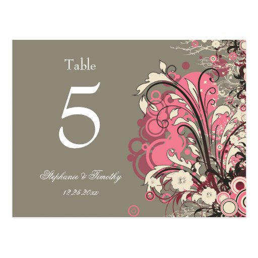 Trendy pink gray grunge swirl wedding table number postcards