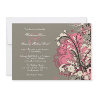 Trendy pink gray grunge swirls wedding invitation invitation