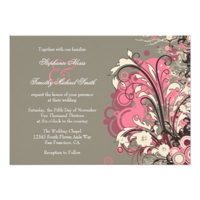 Trendy pink gray grunge swirls wedding invitation