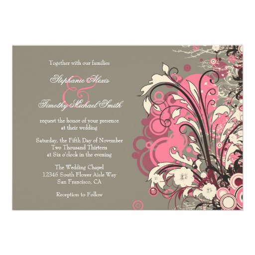 Trendy pink gray grunge swirls wedding invitation