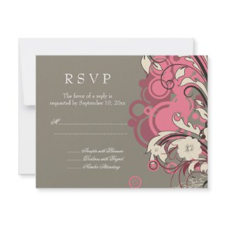 Trendy pink grey grunge swirls wedding RSVP card invitation