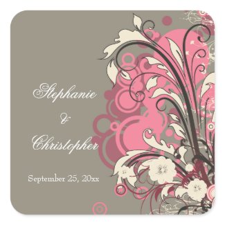 Trendy pink grey grunge swirls wedding stickers sticker