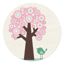 Trendy pink green circles tree bird sticker seal