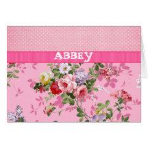 Trendy Pink Monogram Vintage Floral Polka Dots Cards