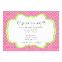 Trendy Pink Polka Dots Green Frame Birthday Party Personalized Invitations