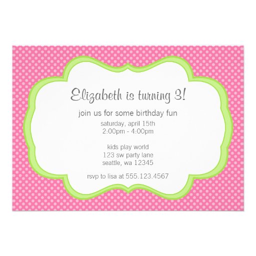 Trendy Pink Polka Dots Green Frame Birthday Party Personalized Invitations