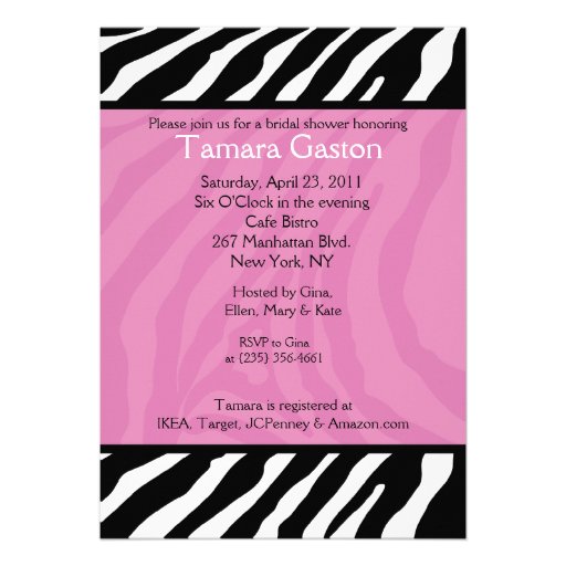 Trendy Pink Zebra Stripe 5x7 Bridal Shower Invite