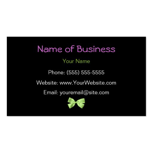Trendy Purple Giraffe Print With Green Ribbon Business Card Template (back side)