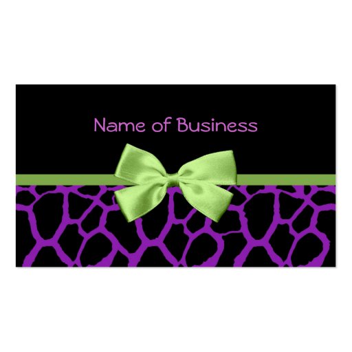 Trendy Purple Giraffe Print With Green Ribbon Business Card Template (front side)