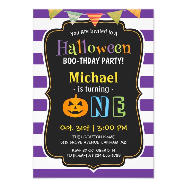 Trendy Purple Halloween Baby First Birthday Party Card