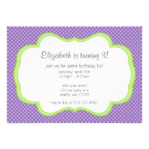 Trendy Purple Polka Dot Green Frame Birthday Party Custom Announcement