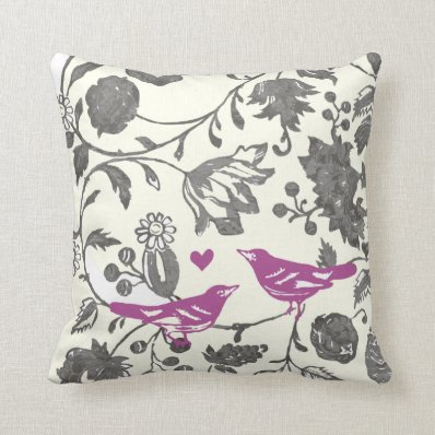 Trendy Radiant Purple and Gray Vintage Floral Bird Throw Pillow