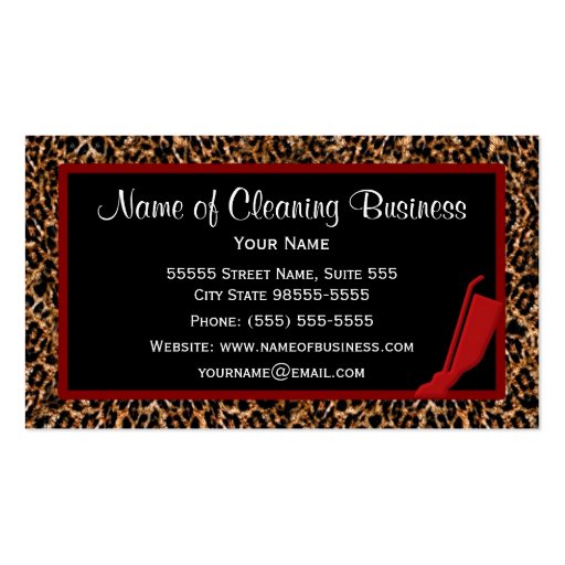 Trendy Red Vacuum Leopard Housekeeping Service Business Cards (back side)
