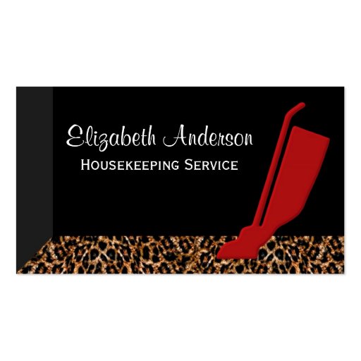 Trendy Red Vacuum Leopard Housekeeping Service Business Cards (front side)