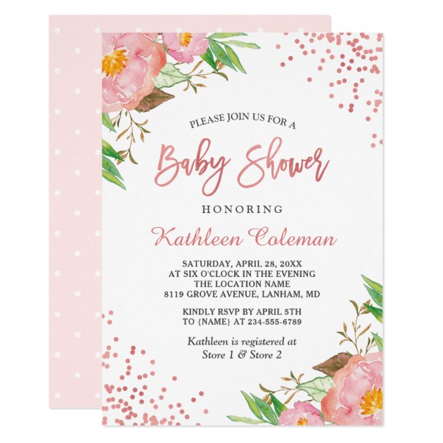 Trendy Rose Gold Botanical Pink Floral Baby Shower Card