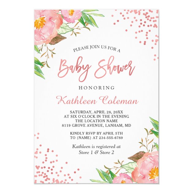 Trendy Rose Gold Botanical Pink Floral Baby Shower Card