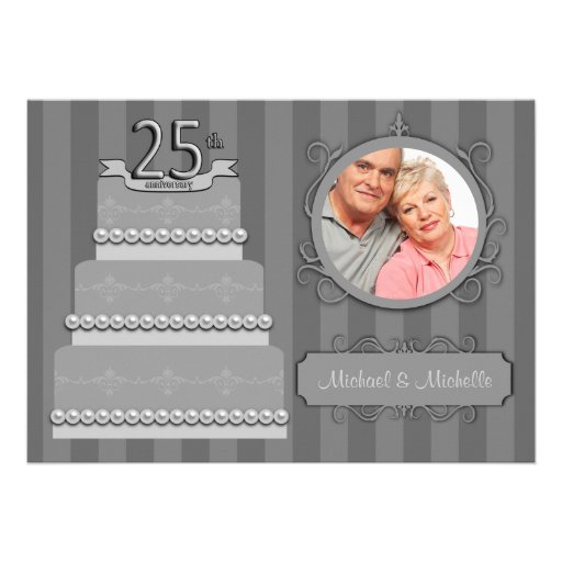 Trendy Silver Damask 25th Anniversary Photo Invite (front side)