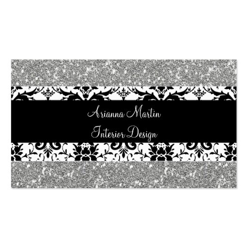 Trendy Silver Glitter Black & White Damask Business Card Template (front side)