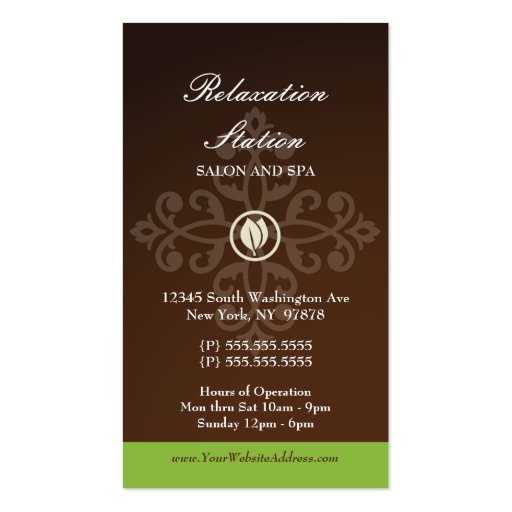 Trendy stylish brown green damsk spa business card (front side)