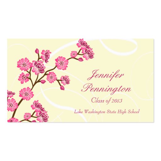 Trendy stylish cherry blossom graduation name card business card template (front side)