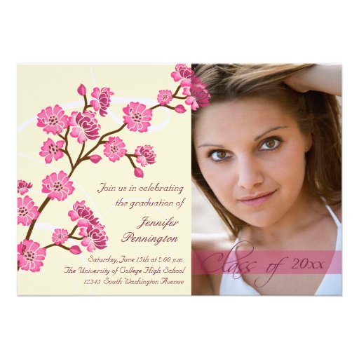 Trendy stylish cherry blossom photo graduation personalized announcement (front side)