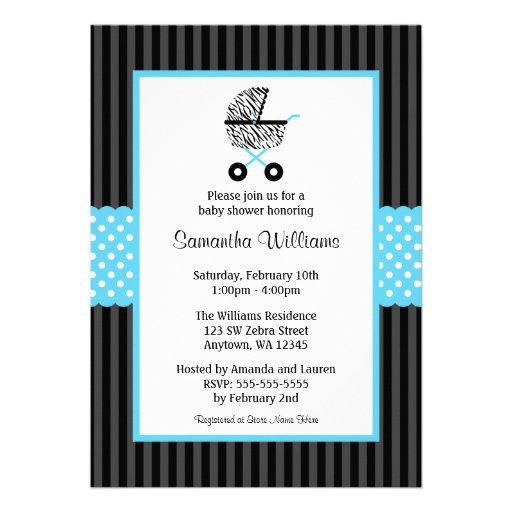 Trendy Teal Blue Zebra Carriage Baby Shower Announcement