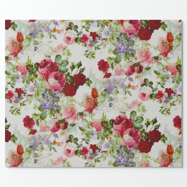 Trendy Vintage Red and Pink Floral Print Wrapping Paper 2/4