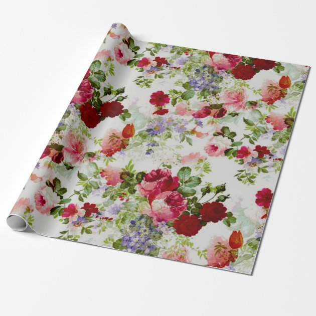 Trendy Vintage Red and Pink Floral Print Wrapping Paper 1/4