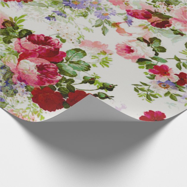 Trendy Vintage Red and Pink Floral Print Wrapping Paper 4/4