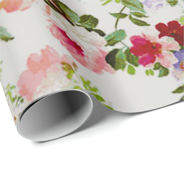 Trendy Vintage Red and Pink Floral Print Wrapping Paper 3/4