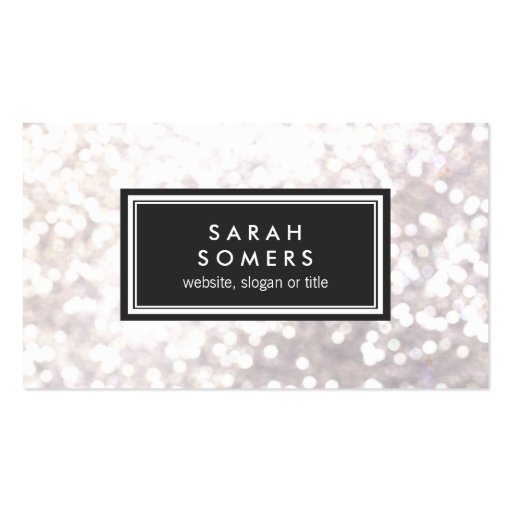 Trendy White Glitter Bokeh Stylish Black Plaque Business Cards (front side)