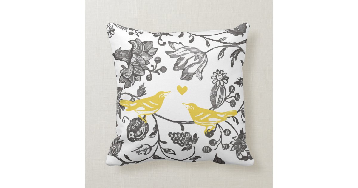 Trendy Yellow Gray and White Floral Bird Pattern Throw Pillow Zazzle