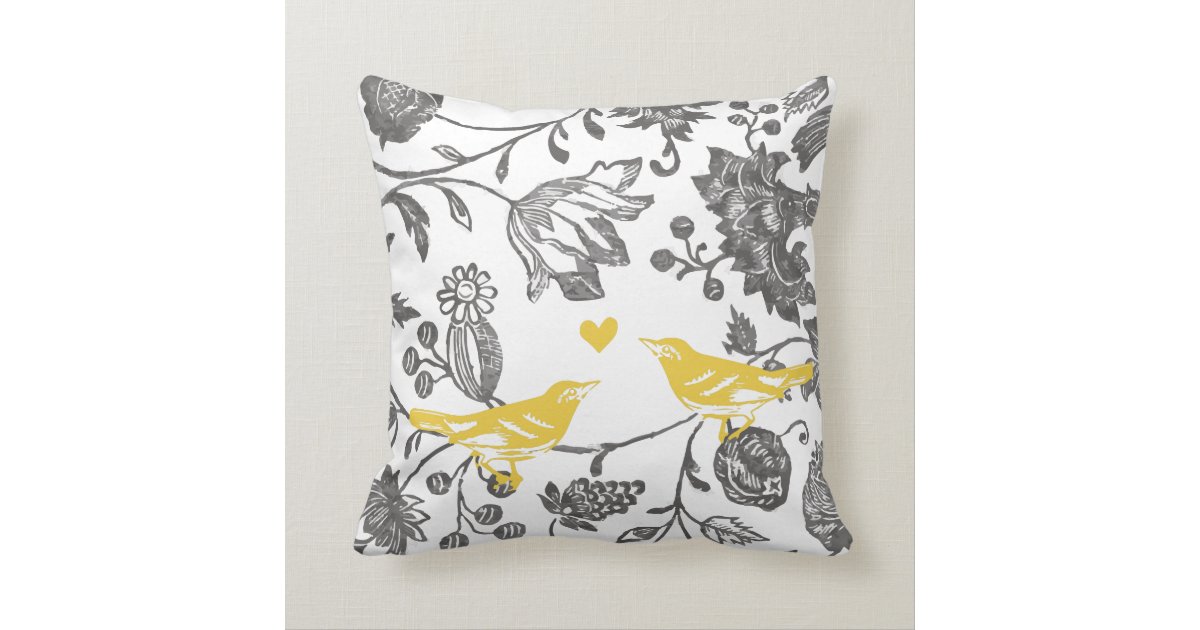 Trendy Yellow Gray and White Floral Bird Pattern Throw Pillow Zazzle