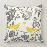 Trendy Yellow Gray Vintage Floral Bird Pattern Throw Pillows