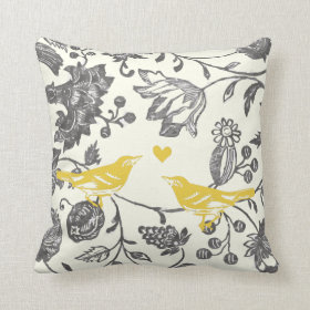 Trendy Yellow Gray Vintage Floral Bird Pattern Throw Pillows