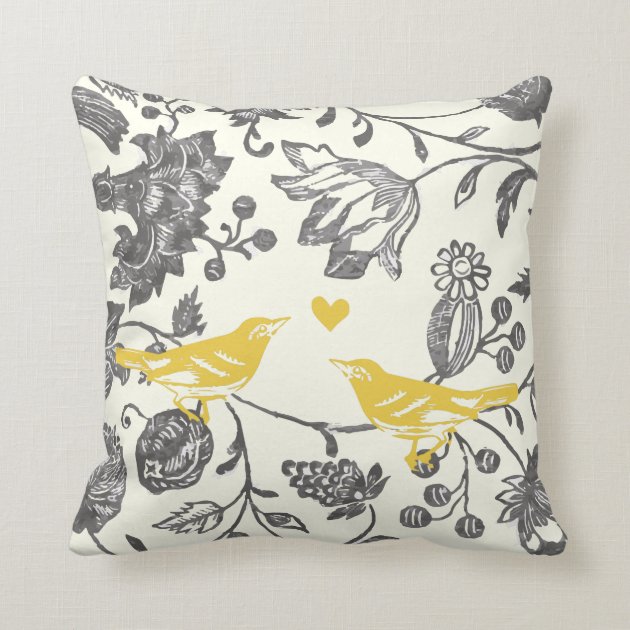 Trendy Yellow Gray Vintage Floral Bird Pattern Pillows