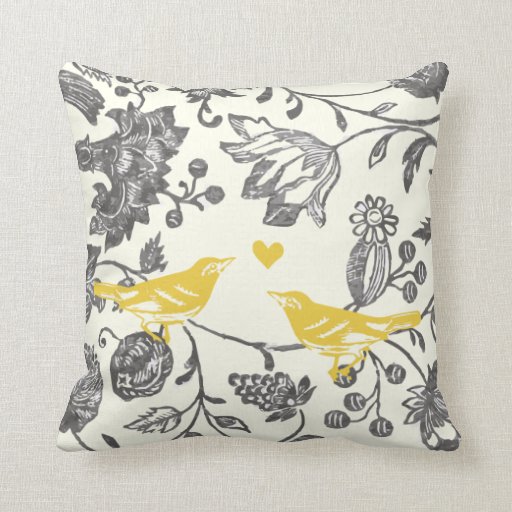 Trendy Yellow Gray Vintage Floral Bird Pattern Throw Pillow Zazzle