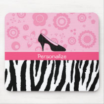 Trendy Zebra Girly Pink Shoes With Name mousepads