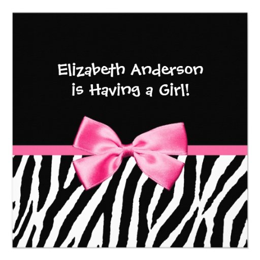 Trendy Zebra Print and Pink Ribbon Baby Shower Personalized Announcements (front side)