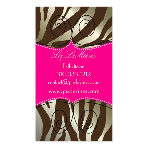 Trendy zebra print, dark brown business card template (front side)