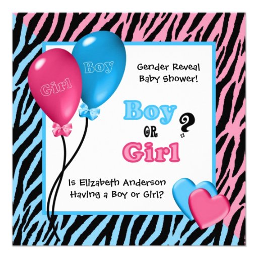 Trendy Zebra Print Gender Reveal Baby Shower Custom Announcements (front side)