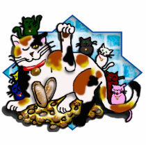 tri-color maneki neko w/7 kittens photo sculptures